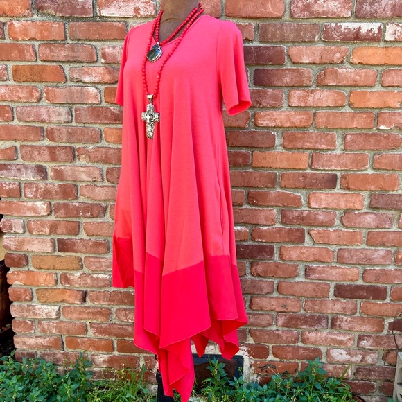 Cqbycq Dresses & Skirts - Effortless Women's Coral Red Tone Handkerchief Hem Dress NWOT